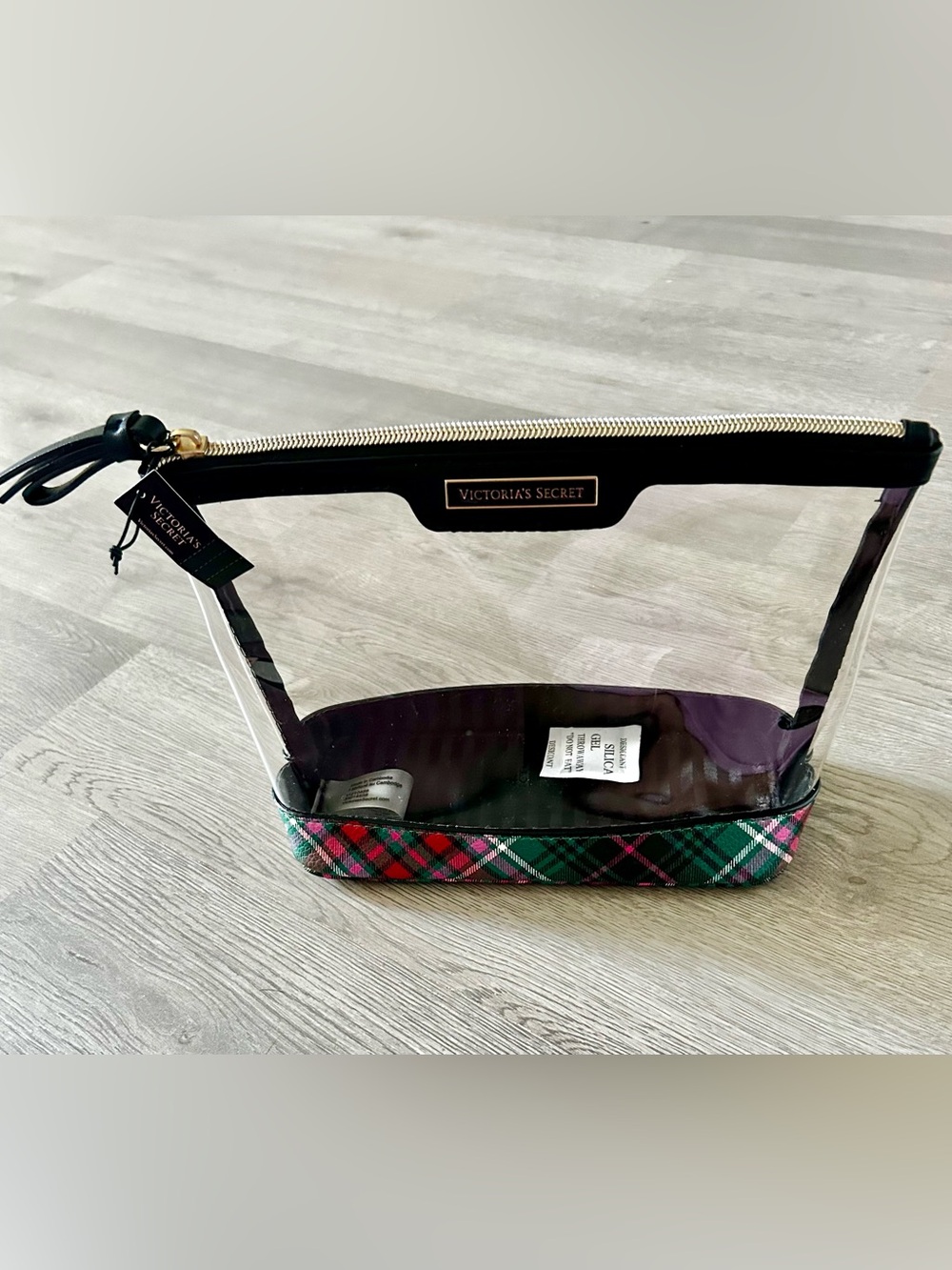 Victoria's Secret Transparent Clear Cosmetic Bag PVC Black Trim and Multi Plaid